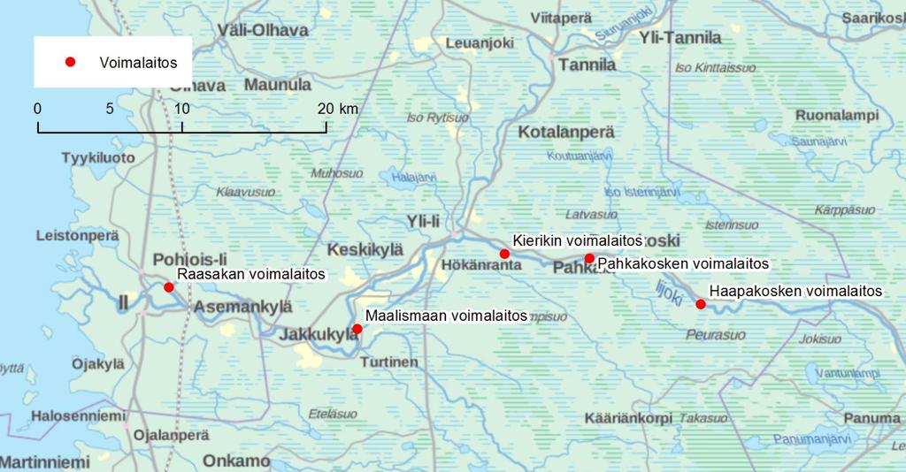 Kuva 2. Iijoen alaosan voimalaitokset. Pääosa Iijoesta kuuluu Iijoen vesistön kalastusalueeseen. Iijoen alaosa Raasakan voimalaitokselle asti kuuluu Keski-Perämeren kalastusalueeseen.