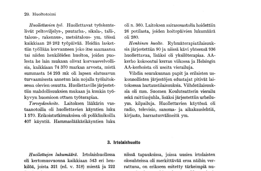 293 mk oli lapsen elatusavun turvaamisesta annetun lain nojalla työlaitoksessa olevien osuutta. Huollettaville järjestettiin mahdollisuuksien mukaan ja kunkin työkyvyn huomioon ottaen työterapiaa.