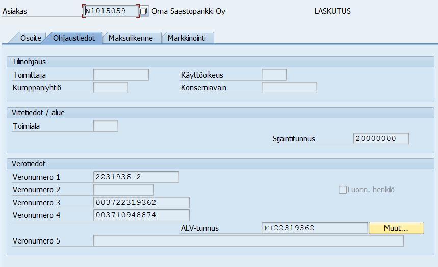 Asiakkaan yleiset perustiedot Ohjaustiedot Kumppaniyhtiö = Valtion virastojen tunnus, pakollinen ko.asiakkailla.