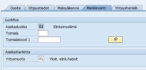 Asiakkaan yleiset perustiedot Markkinointi Asiakasluokka (pakollinen tieto) 01 Kunnat ja kuntayhtymät 02 Kotitaloudet 03 Elinkeinoelämä 04 EU 05 Valtionhallinto 06 Muut Yritysmuoto Käytössä