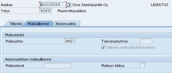 Asiakkaan yritystasoiset perustiedot Maksuliikenne Maksuehto = asiakkaan maksuehto.