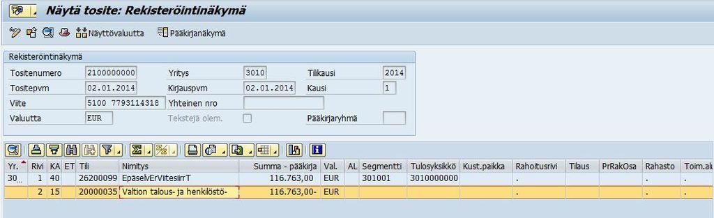 myös pääkirjanäkymään, josta voit tarkastella kirjausrivit