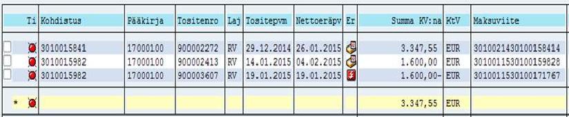 Asiakkaan rivikysely Avoin lasku näkyy punaisella myyntireskontrassa Kohdistus kentässä näkyy veloituslaskun laskunnumero Hyvityslaskulla näkyy hyvitettävän veloituslaskun numero Kohdistus