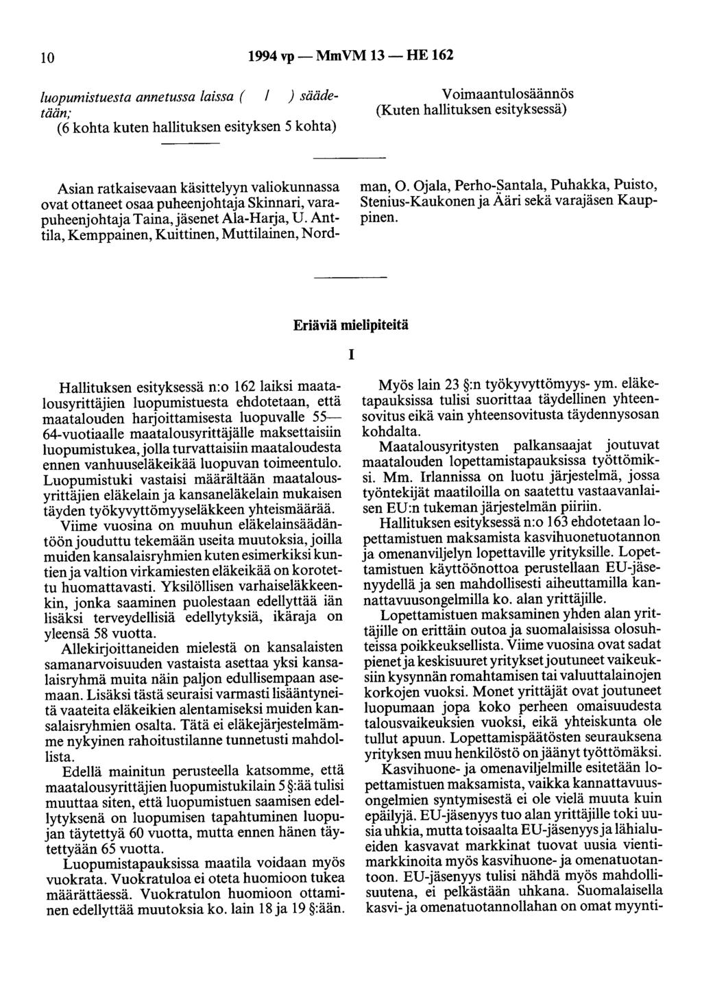 10 1994 vp- MmVM 13-HE 162 luopumistuesta annetussa laissa ( 1 ) säädetään; (6 kohta kuten hallituksen esityksen 5 kohta) Voimaantulosäännös Asian ratkaisevaan käsittelyyn valiokunnassa ovat ottaneet