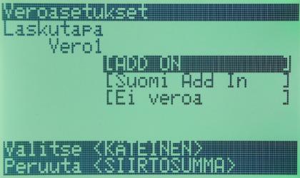 Käännä avain REG-asentoon ALV-tulostus raportteihin (oletuksena tulostaa vero 1 (24%) ja 2 (14%)) 2. Valitse Järjestelmäaset. 3.