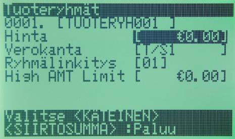 ALV-määritys alennusnäppäimille 2. Valitse Järjestelmäaset. 3. Näppäile 3 ja paina SIIRTO 4. Näppäile 99000000 ja paina %-ale -näppäin 5. Näppäile 99000000 ja paina Euro-ale näppäin 6. Paina SIIRTO 7.
