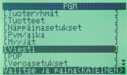 Kuittitekstien ohjelmointi: 2. Valitse Viesti painamalla KÄTEINEN 3. Muokkaa haluamiasi tekstirivejä painamalla KÄTEINEN 4. Poistu painamalla SIIRTO ja SIIRTO Viestitekstien tulostusvalinta: 5.