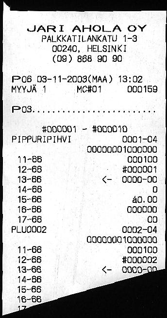 JATKOA EDELLISELTÄ SIVULTA. Esimerkki2. Halutaan tarkistaa mitkä ovat tuotteille ohjelmoidut verolinkitykset. Tulostetaan raportti josta ilmenee tuotteen asetukset.