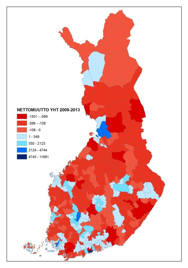 Muuttovoittoa maan sisäisestä muuttoliikkeestä sai kuntien välisestä muuttoliikkeestä keskimäärin joka kolmas kunta (104/320) vuosina 2009 2013.