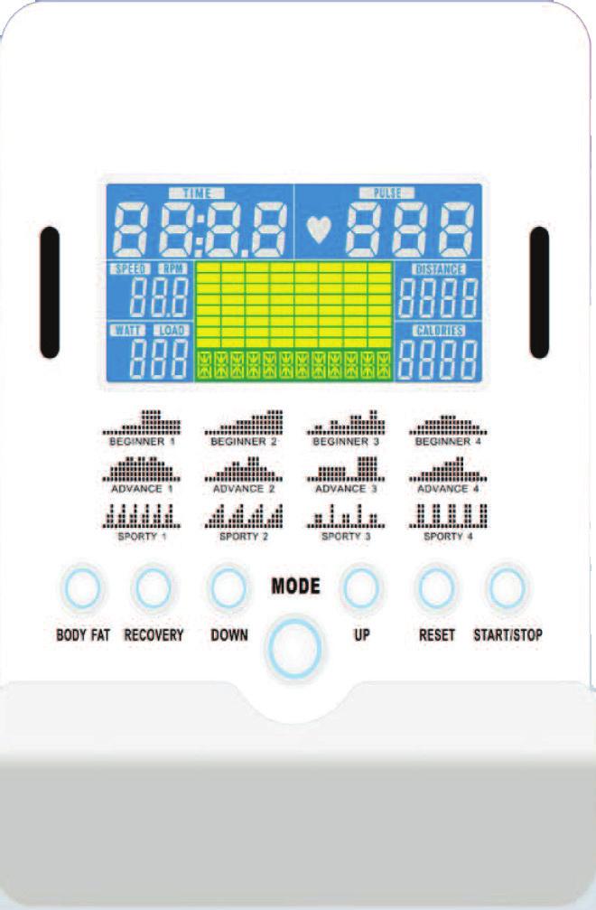 User interface Key functions Body fat key : Test body fat in % and BMI. Recovery key : Test heart rate recovery status. Down key : Decrease resistance level during workout.
