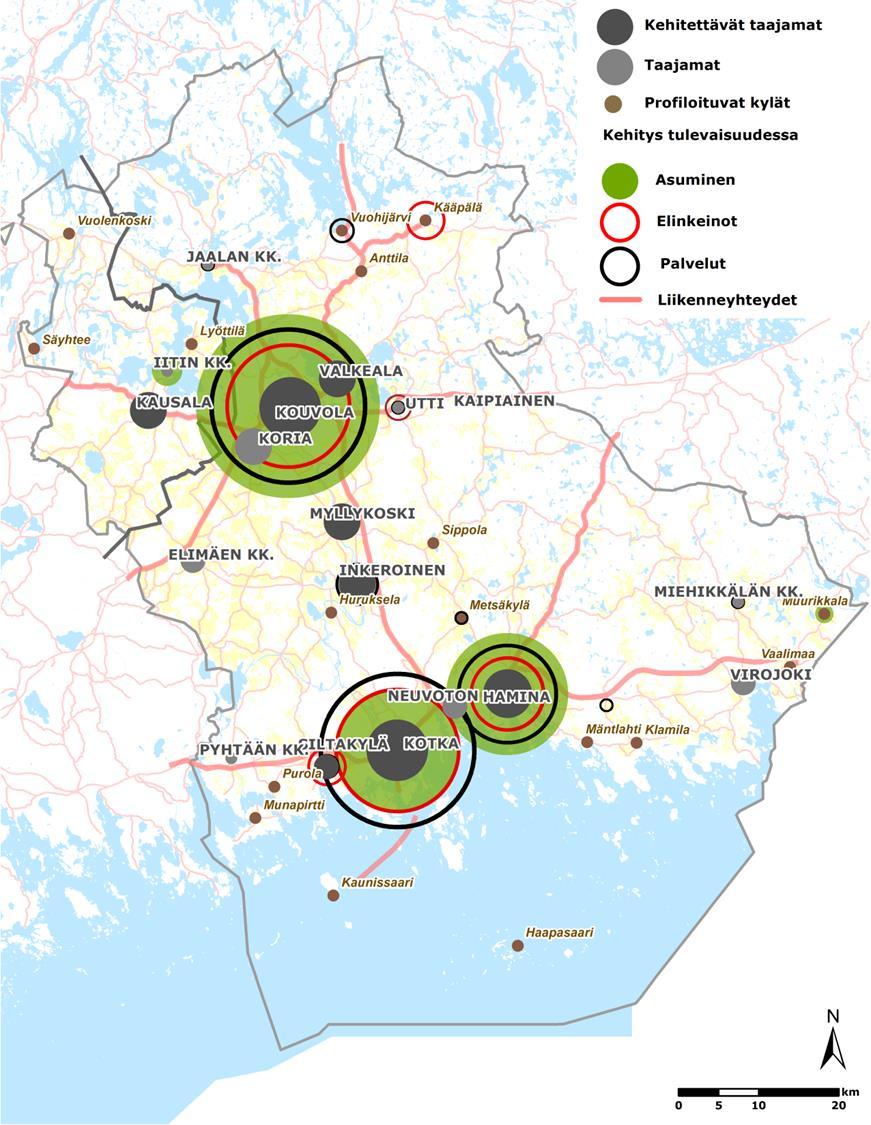 VISIO VISIO-skenaariossa alueet, kylät ja taajamat profiloituvat sekä liikennejärjestelmää uudistetaan.