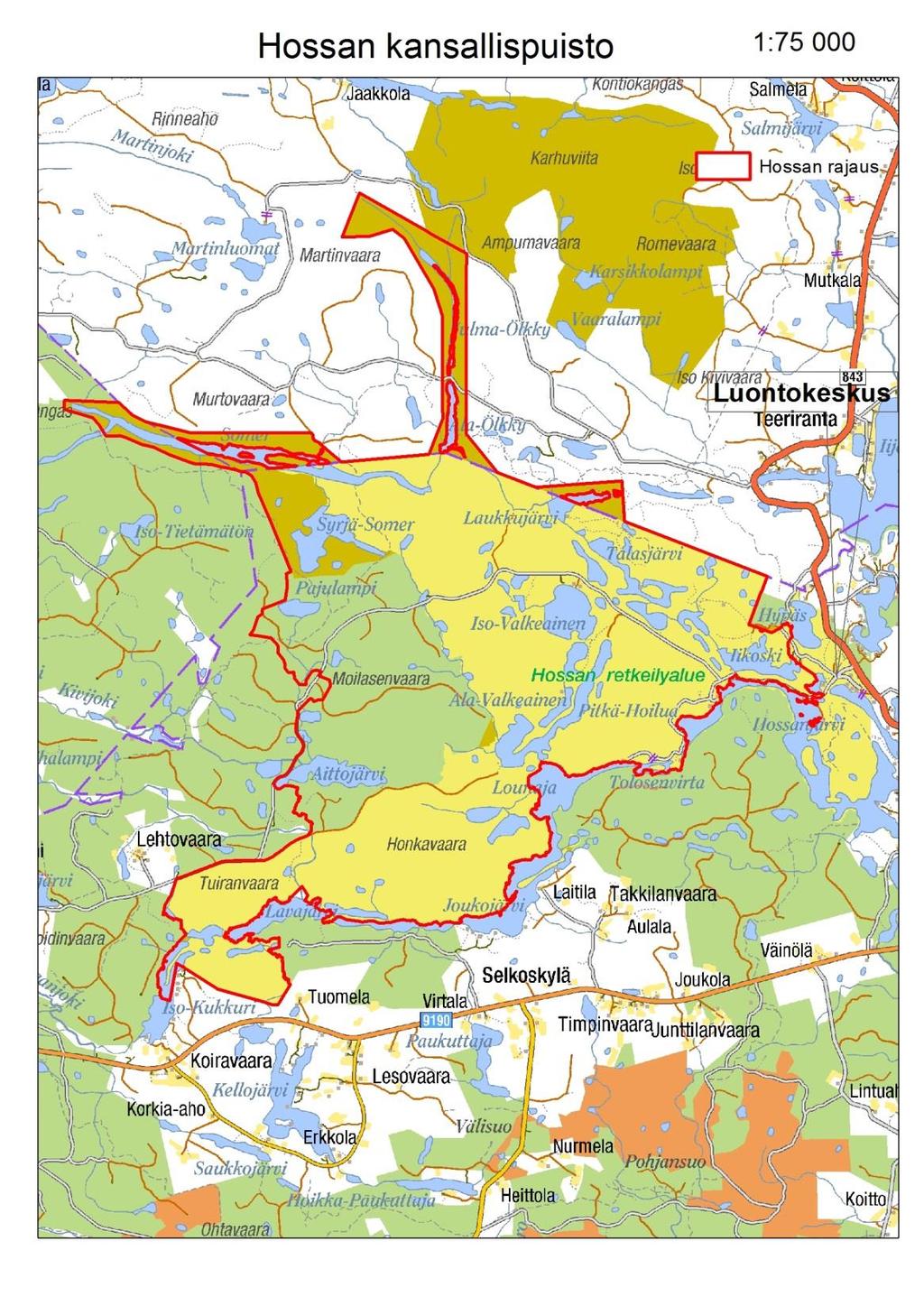 KARTTA 2 Kansallispuiston rajausyksityiskohdat on tehty metsästyksen ja kalastuksen ehdoilla Kompakti kansallispuisto, johon on rajattu vain kulttuuri- ja