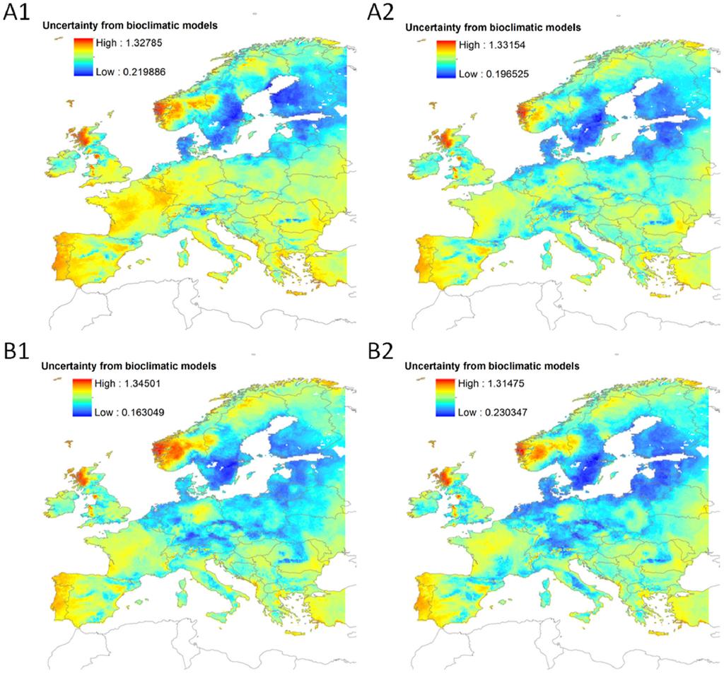 Kujala ym. (2013) mallinsivat hieman yli sadan sammakko- ja matelijalajin suotuisia esiintymisalueita Euroopassa nykyilmastossa ja vuodelle 2080 keskiarvoistettujen ilmastoskenaarioiden tilanteessa.