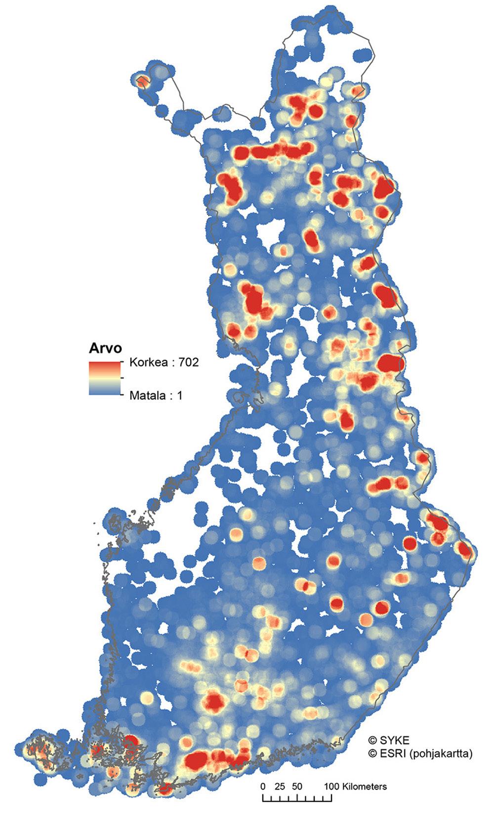 säteellä). Lajiesiintymät 1990-luvulla tai sen jälkeen.