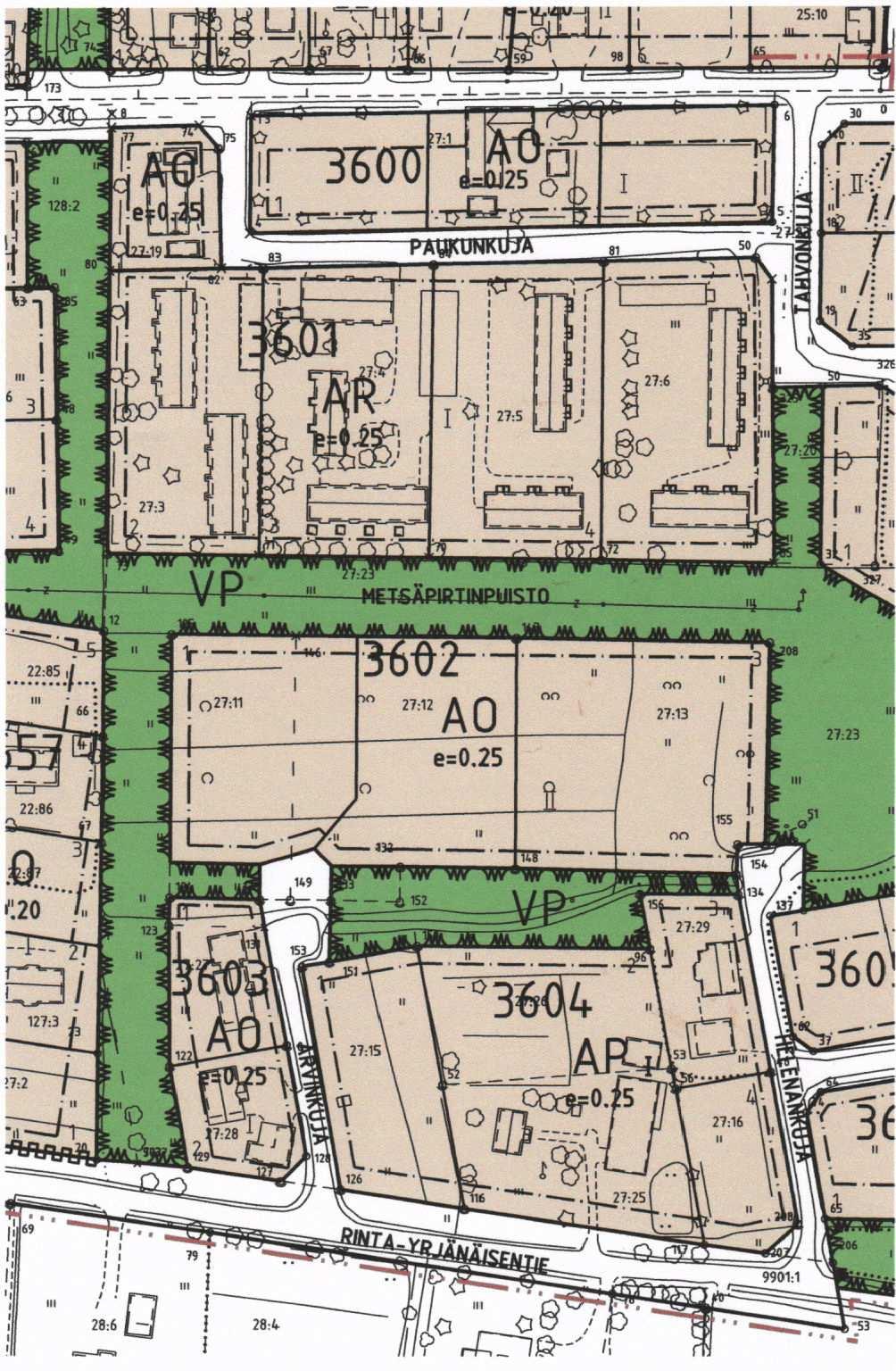 Paukkulan alueella kortteleissa 3600, 3603, ja 3604 kaavamerkintä AO 1, yksiasuntoisten omakotirakennusten korttelialue, muutettu AO:ksi ja lisätty kerrosluku I ks. kaavaotteet kohde 31 34.