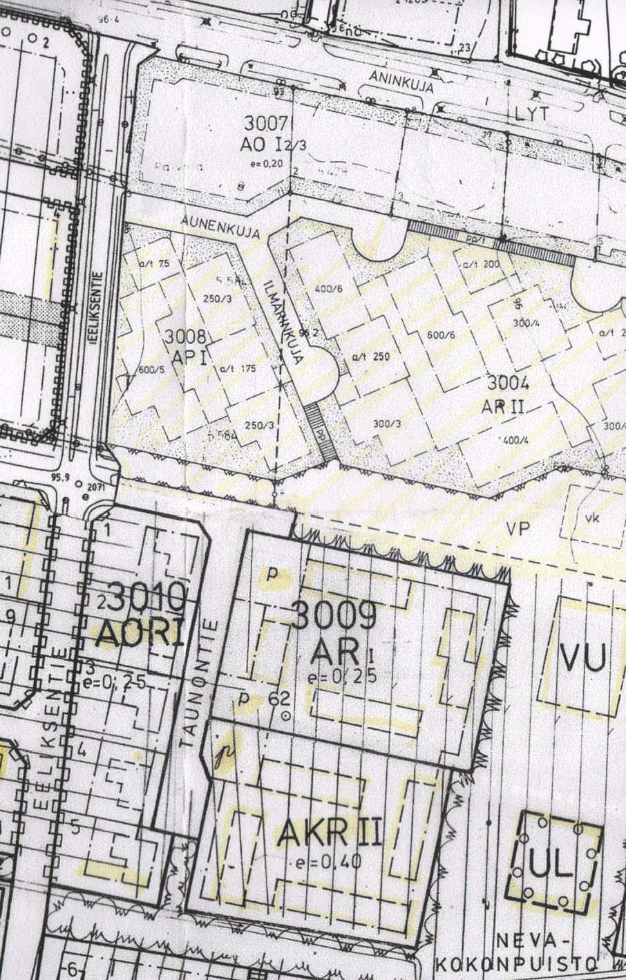 Asemakaavan siirto numeeriseen muotoon, kaavaselostus 20 10. Aninkujan alueen muutokset. AP-korttelialueesta muodostettu 4 erillistä AO rakennuspaikkaa korttelissa 3008.