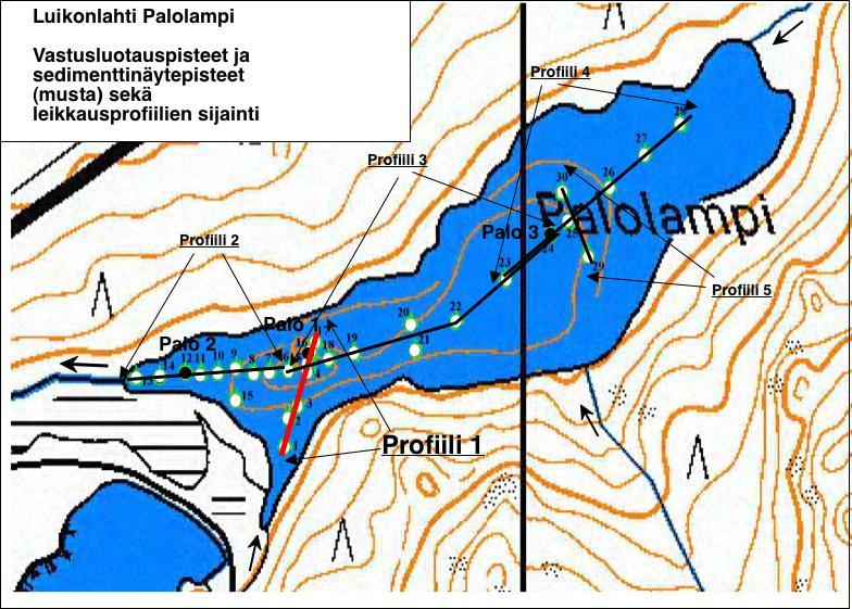 6 Kuva 3. Palolammen vastusluotausmittauksen mittauslinjat (profiilit1-5) ja mittauspisteet, Luikonlahden suljettu kuparikaivosalue, Kaavi.