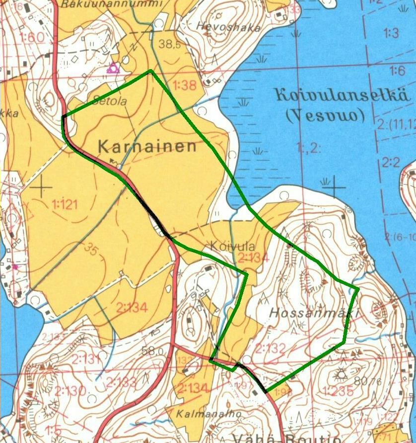 7 Tutkimusalue on rajattu vihreällä vuoden 1990 peruskartalla. Inventointi Lohjan kaupungilla on suunnitteilla Karnaisten alueelle asemakaava ja asemakaavan muutos (L62 Karnainen).