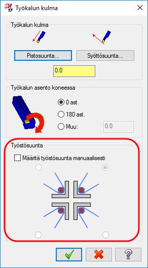 avaa valintaikkuna valitsemalla Työstöparametrien sivun Työkalukulma-painike. Näillä valinnoilla kerrotaan Mastercamille, missä koneen koordinaatistoneljänneksessä työkalu on.