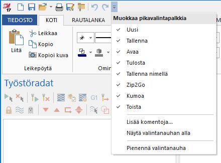 Pikavalintapalkki voidaan asettaa joko valintanauhan ylä- tai alapuolelle ja siihen voidaan tarvittaessa lisätä tai poistaa