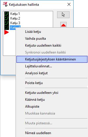 Mastercam 2017 uudet piirteet Ohjelman uudet yleispiirteet Ketjutusjärjestyksen kääntäminen Ketjutusjärjestyksen voi nyt helposti kääntää klikkaamalla hiiren oikealla näppäimellä Ketjutuksen