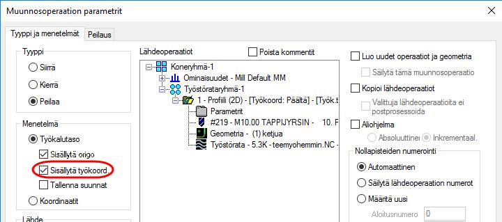 Työstöradan muunnosoperaatioiden uudet piirteet Sisällytä työkoordinaatisto Peilaa-, kierrä- ja siirrä- muunnosoperaatioiden suuntien nimiä on uudistettu.