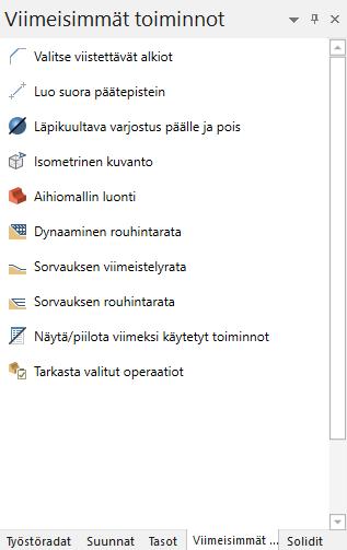 Mastercam 2017 uudet piirteet Ohjelman uudet yleispiirteet Viimeisimmät toiminnot Viimeksi käytetyt toiminnot on uudelleenimetty ja nyt se on Viimeisimmät toiminnot -nimisenä oma telakoitavissa
