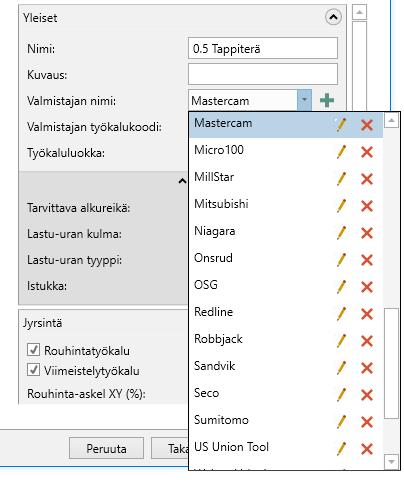 Mastercam 2017 uudet piirteet Työkalujen uudet piirteet Valmistajan nimen ja Työkaluluokan alasvetovalikosta voit valita jo lisätyn nimen.