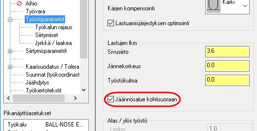Optimoidut yhdensuuntaiset liikkeet Yhdensuuntaisen viimeistelyn Työstöparametrit-sivun Jäännösalue kohtisuoraan -valinnalla siistitään pintaa