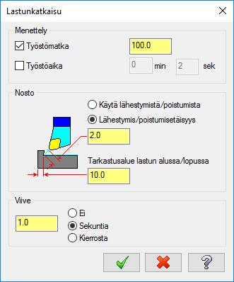 Mastercam 2017 uudet piirteet Lathe uudet piirteet Lastunkatkaisu Uusi toiminto ja uusi valintaikkuna on lisätty Sorvaus rouhinta - ja Profiilin rouhinta -radoille säätämään lastunkatkaisua.