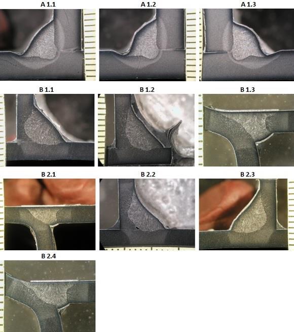 65 Kuva 23. Makrokuvat kaikista tutkituista hieistä. A1 -sarjan perusaineen paksuus on 5 mm ja B1 - sekä B2 -sarjojen 3 mm.