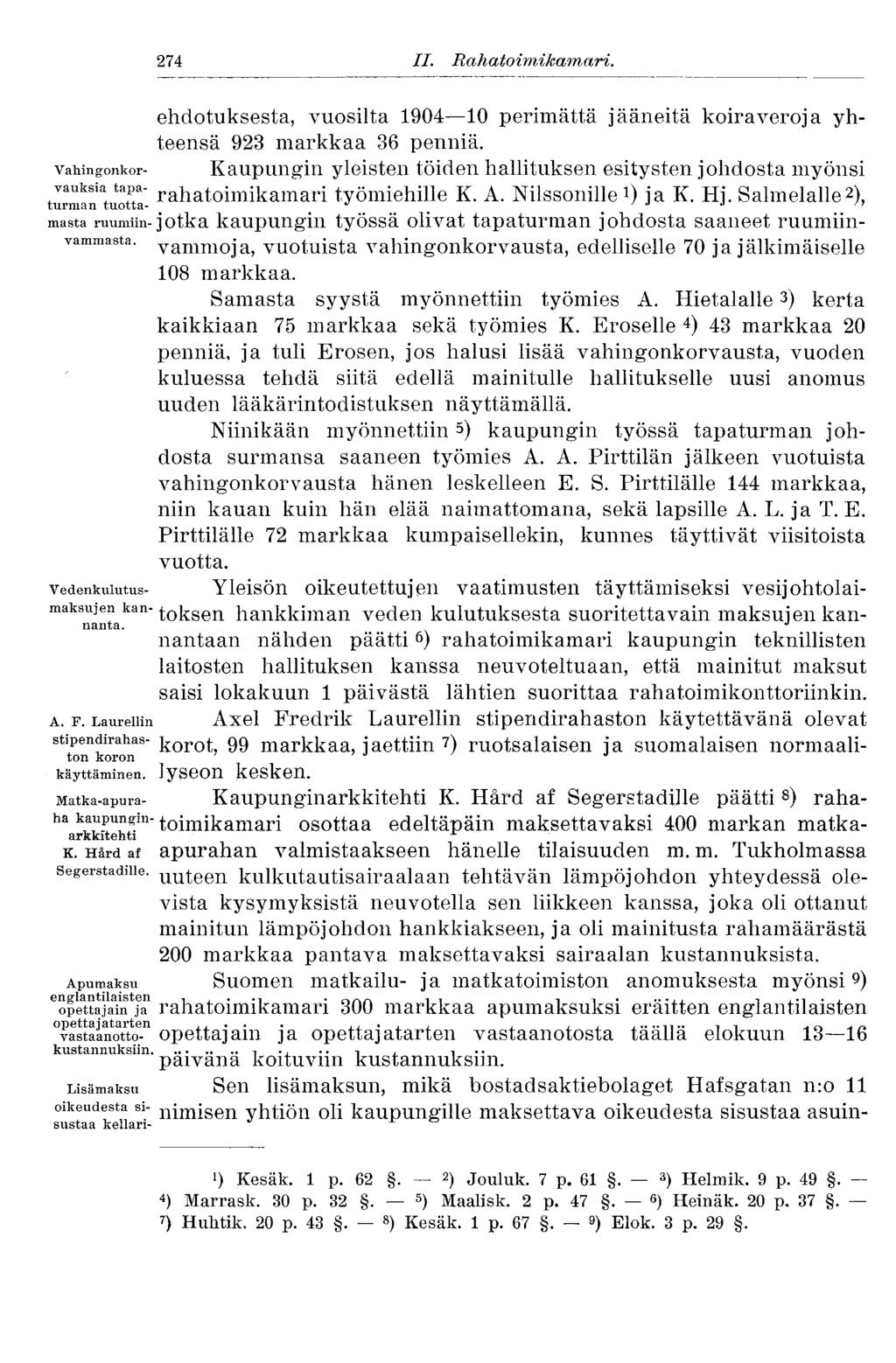 274 II. Rahatoimikam ari. ehdotuksesta, vuosilta 1904 10 perimättä jääneitä koiraveroja yhteensä 923 markkaa 36 penniä.