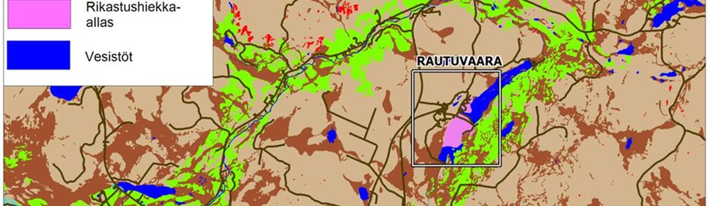 hienorakeisten sedimenttien tai merellisten sedimenttien puuttuminen. Maaperä on enimmäkseen viime jääkauden aikana kerrostuneen laaksoja ja vaara-alueita verhoavan moreenin peitossa (Kuva 4-7).