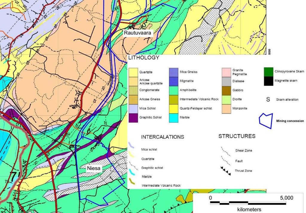 Rautuvaaran geologiset olosuhteet ovat samankaltaiset kuin Hannukaisessa. Hankealueen yleispiirteinen geologinen kartta on esitetty kuvassa (Kuva 4-17) (Ramboll Finland Oy 2013a). Kuva 4-17.