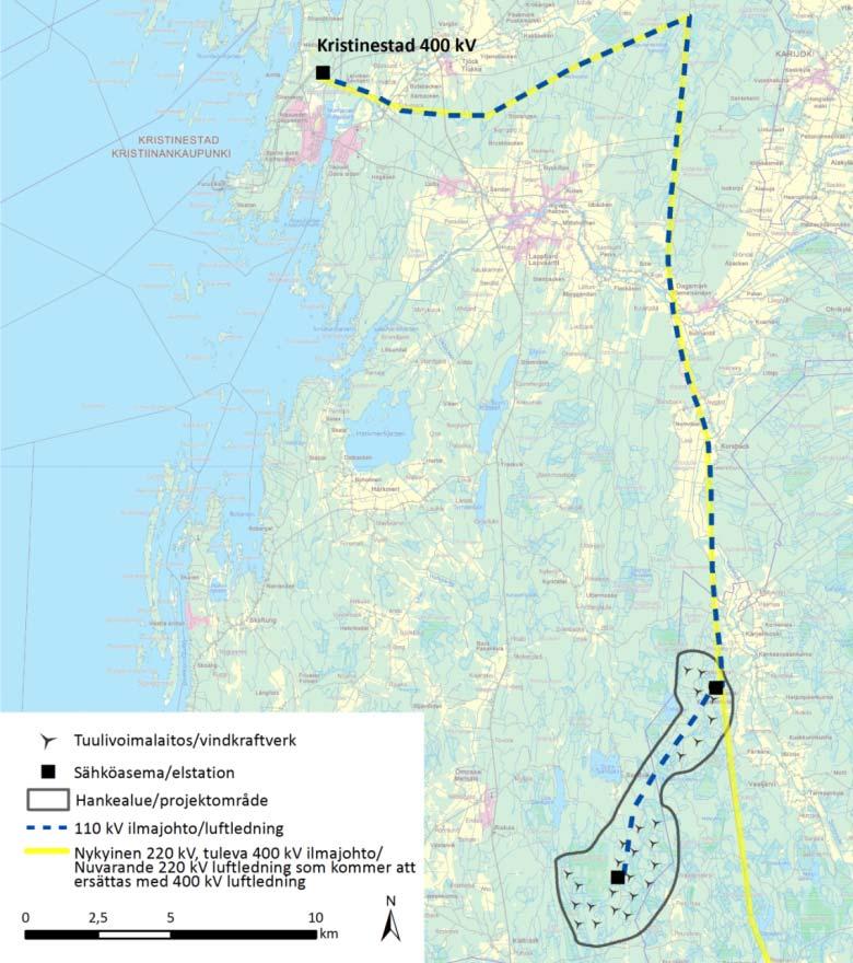 FCG SUUNNITTELU JA TEKNIIKKA OY Mikonkeitaan tuulivoimapuisto 20 VE B Tuulivoimapuisto kytketään Kristinestadin rakenteilla olevaan sähköasemaan Hankealueen eteläosaan rakennetaan 20 kv/110 kv