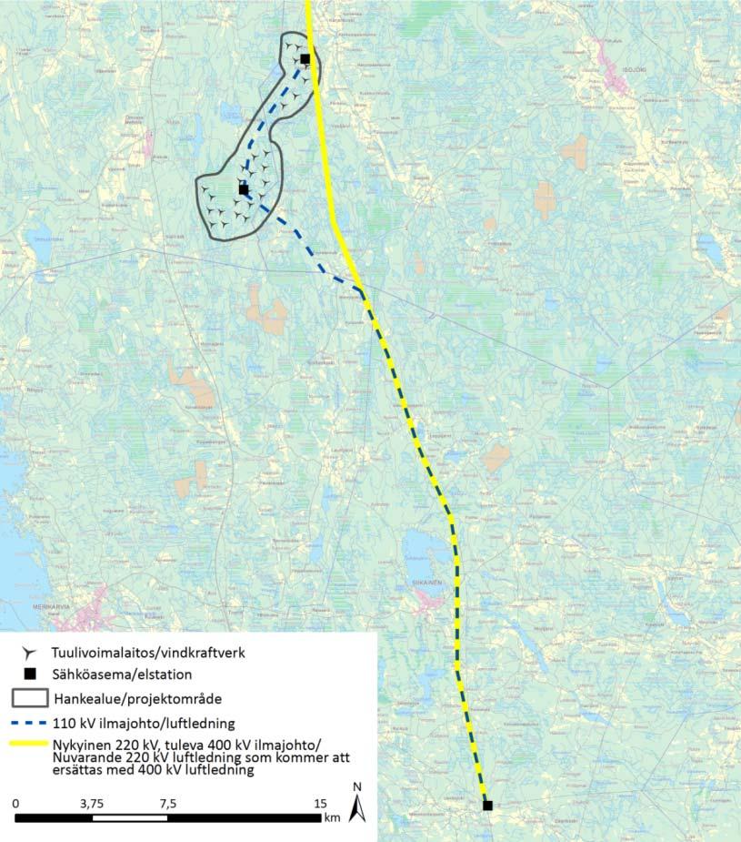 FCG SUUNNITTELU JA TEKNIIKKA OY Mikonkeitaan tuulivoimapuisto 21 VE C Tuulivoimapuisto kytketään Leväsjoen sähköasemaan Hankealueen pohjois- ja eteläosaan rakennetaan 20 kv/110 kv sähköasemat, jotka