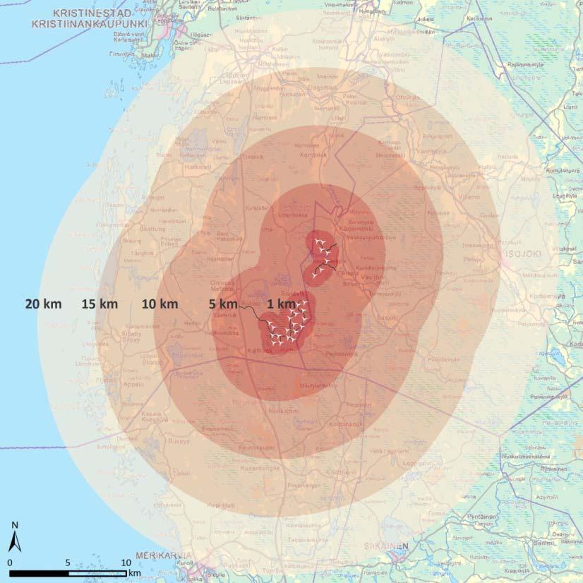 FCG SUUNNITTELU JA TEKNIIKKA OY Mikonkeitaan tuulivoimapuisto 49 Sähkönsiirtoreittien ympäristövaikutusten tarkastelualueeseen lukeutuvat keskijännitekaapelien (20 kv) asentamista varten tehtävät