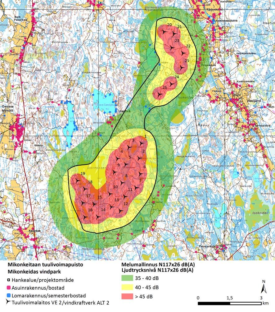 FCG SUUNNITTELU JA TEKNIIKKA OY Mikonkeitaan tuulivoimapuisto 60 Tuulivoimapuiston meluvaikutusten alue (keskiäänitaso yli 35 desibeliä) on pinta-alaltaan noin 41 neliökilometriä, mikä on hieman