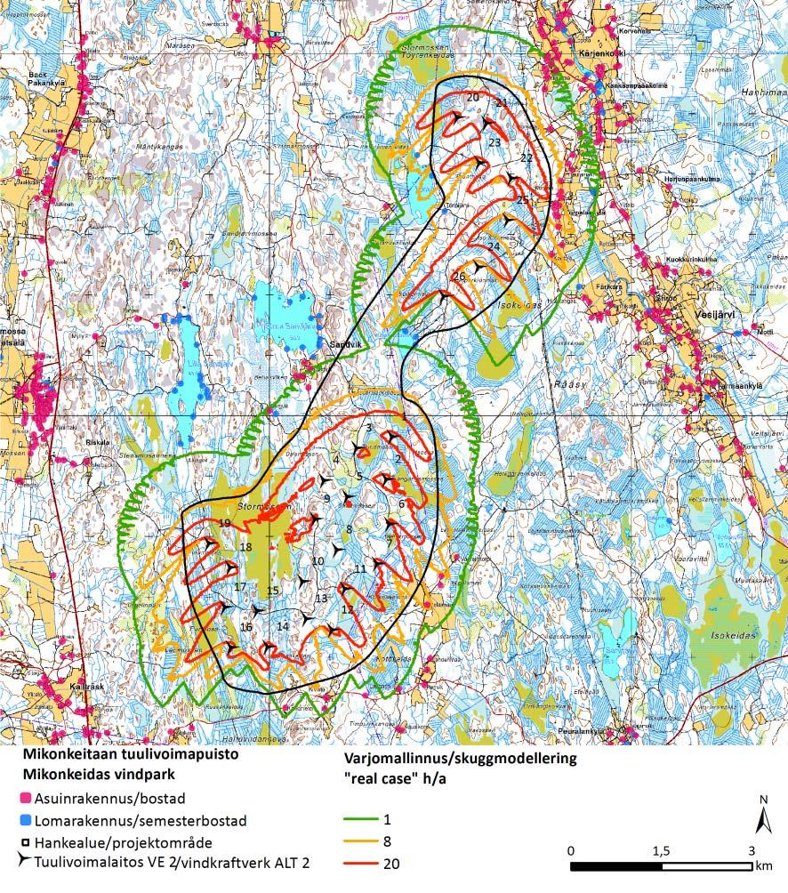 FCG SUUNNITTELU JA TEKNIIKKA OY Mikonkeitaan tuulivoimapuisto 68 Kuva 9.5. Varjostusmallinnus vaihtoehdossa 2 todellisuutta vastaavassa tilanteessa. Taulukko 9.8. Tuulivoimapuiston varjostusalueelle vaihtoehdoissa 2 sijoittuvat vakituiset ja loma-asunnot.