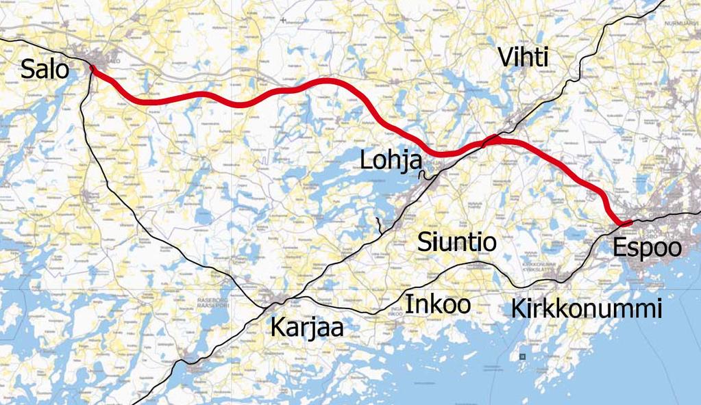 Espoo Salo oikorata, yleissuunnitelma Suunnittelu kolmessa maantieteellisessä osassa 1) Espoo Lohja EU-tuki Liittyminen Hyvinkää-Hanko rataaan Lohjan asema (+
