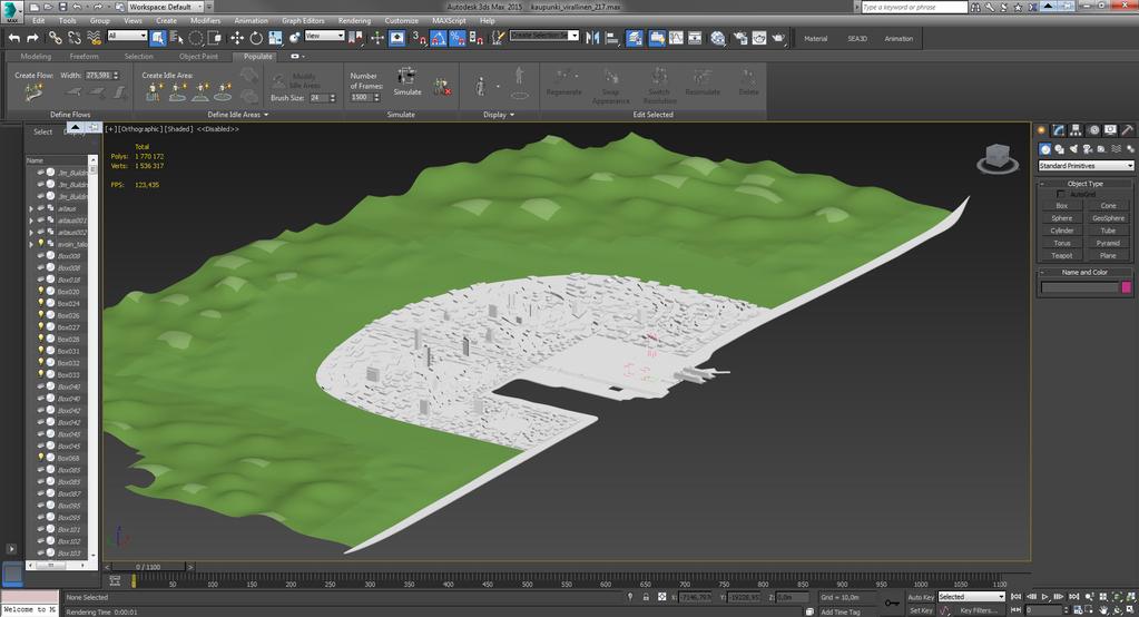 26 Kuva 15. Satama ja rantaviiva mallinnettuna Autodesk 3ds Max 2015 -ohjelmassa. Kun suurin osa kaupungista ja sen ympäristöstä oli mallinnettu, oli aika mallintaa kaupunkiin KONEen tuotteita.