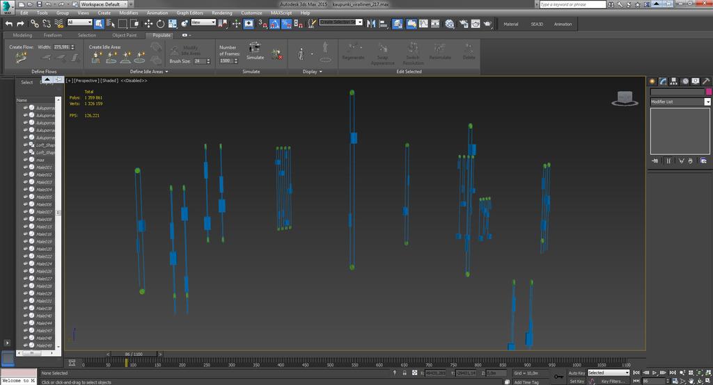 33 Kuva 21. Hissien animointi Autodesk 3ds Max 2015 -ohjelmassa. Ihmisten animoinnissa kokeiltiin ensiksi 3ds Max 2015 -ohjelmasta valmiina löytyvää Populate People -työkalua.