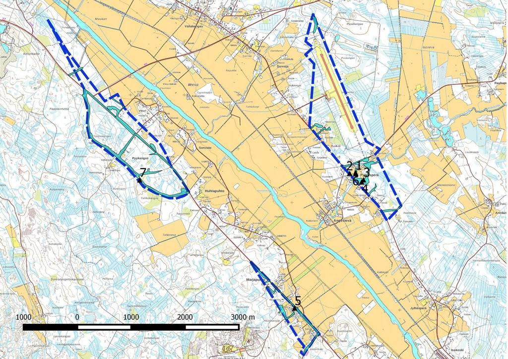 Asutusta on Pylväsojan ja Lentokentäntien varrella, muuten alue on asumatonta ja metsäistä. Pohjoisosasta yli 70 ha on lentokenttänä. Marjapuhto on joen länsipuolella Savontien varrella.