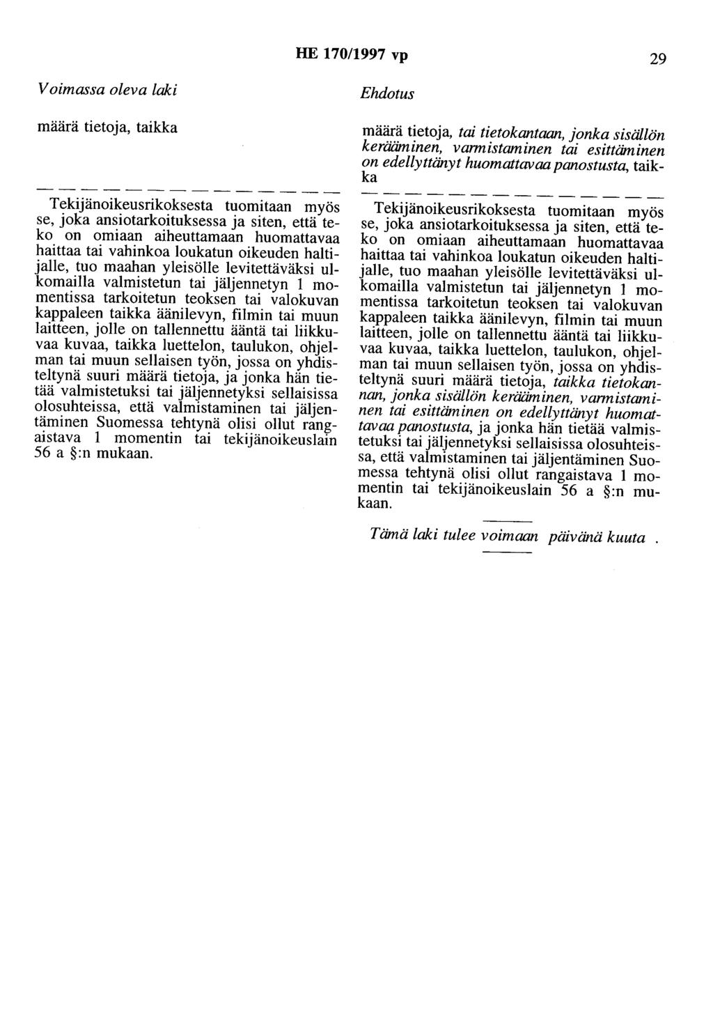 HE 170/1997 vp 29 Voimassa oleva laki määrä tietoja, taikka Tekijänoikeusrikoksesta tuomitaan myös se, joka ansiotarkoituksessa ja siten, että teko on omiaan aiheuttamaan huomattavaa haittaa tai