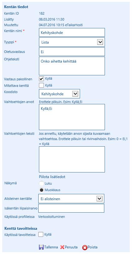 Profiilien kentät, määritykset Alisteinen