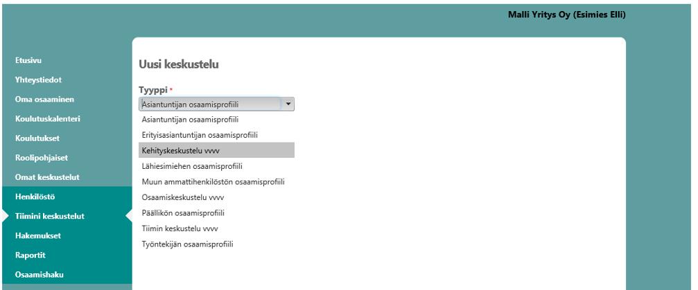 Profiilikoosteen käyttö keskusteluissa Profiilikoosteella tuotetaan myös erilaiset keskustelusisällöt. Keskustelun tyypit lisätään etaikassa (kts.