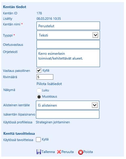 Profiilien kentät, määritykset Kenttätyyppien sisältömääritykset