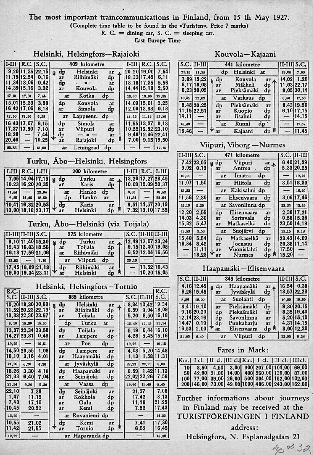 7.44 10.25 10.20 sleepng 11.11 13.23 >" The most mportant trancommuncatons n Fnland, from 15 th Ma 1927. (Complete tme table to be found n the»tursten», Prce 7 mks) R. C. dnng c,