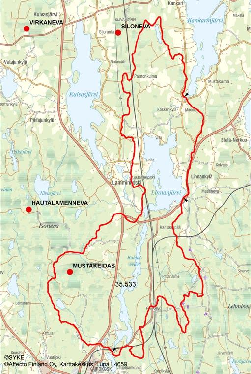 4.3.2.2 Riuttasjärven Linnanj. a 35.533 Mustakeidas (Riuttasjärvi) Purkuvesistö ja sen tila Mustakeitaan (46 ha) vedet purkautuvat Vehkapurunlampeen ja siitä edelleen Riuttasjärveen.