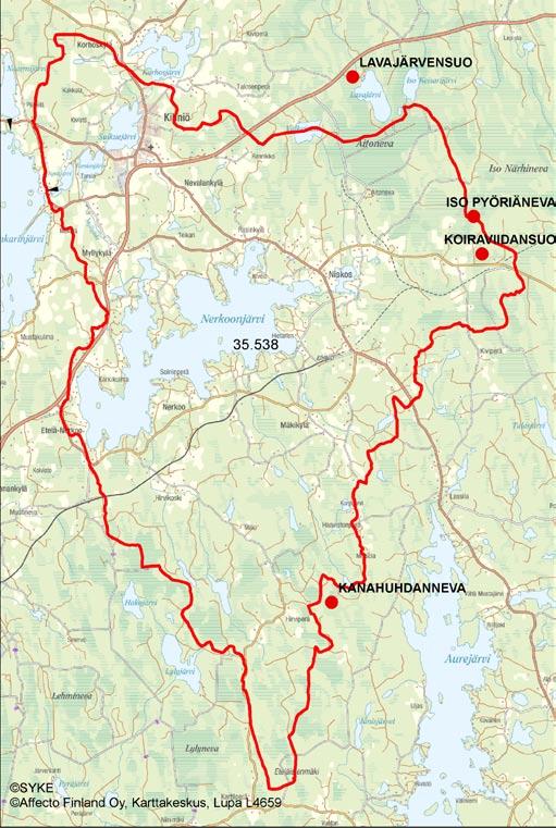 4.3.2.6 Nerkoonjärven va 35.538 Koiraviidansuo (Niskoslampi) Purkuvesistö ja sen tila Koiraviidansuo (19 ha) purkautuu Niskoslampeen (36 ha, MRh), jota ei ole luokiteltu.
